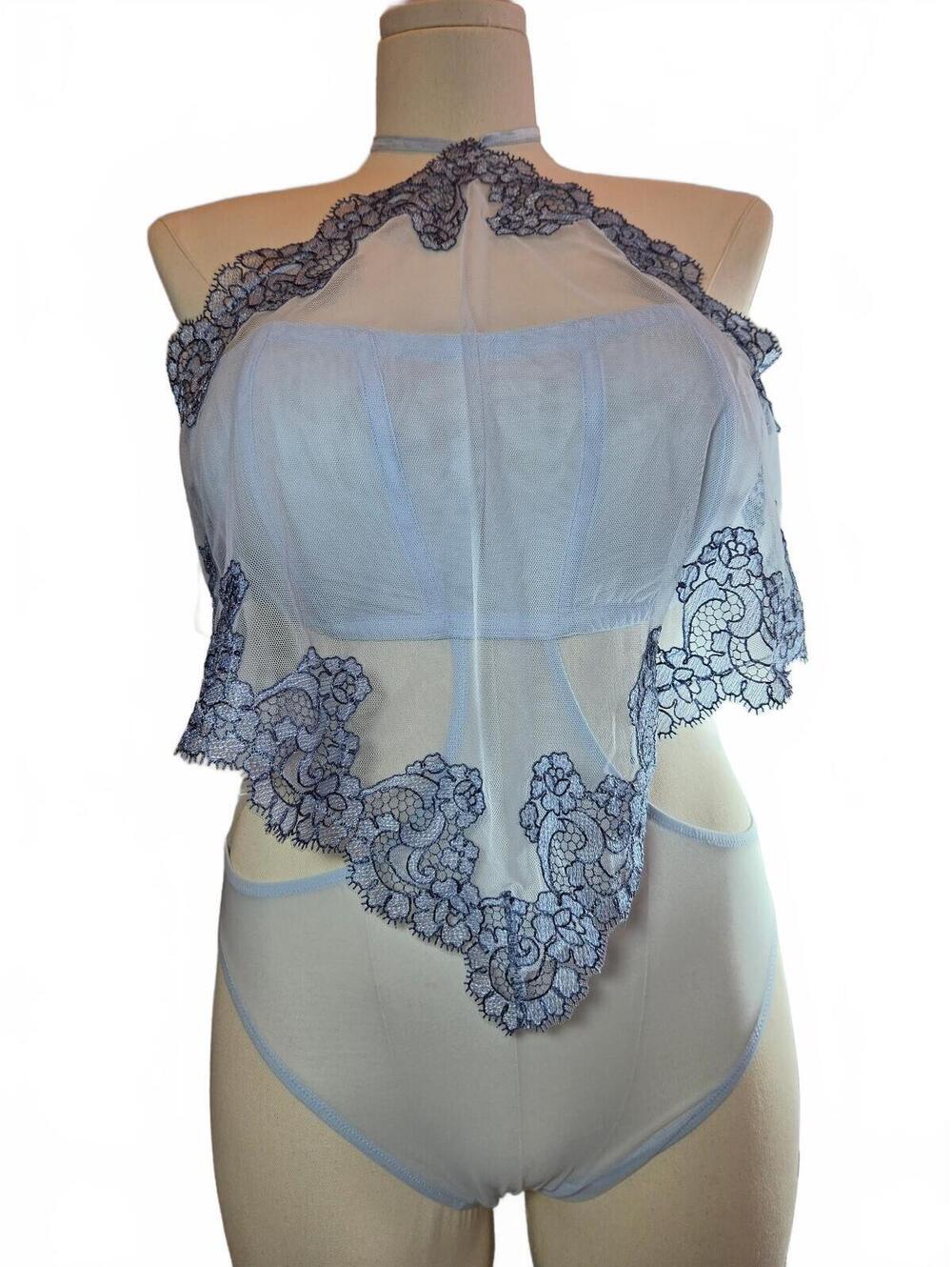 Victoria’s Secret Chantilly Lace Choker Teddy Bodysuit Blue XL NWT